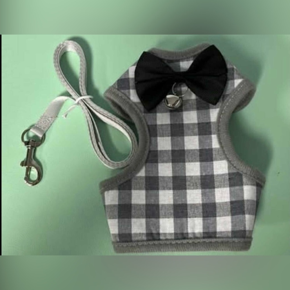 Grey & White Plaid Harness with Black Bow & Bell, Cat or Dog Size Small Harness